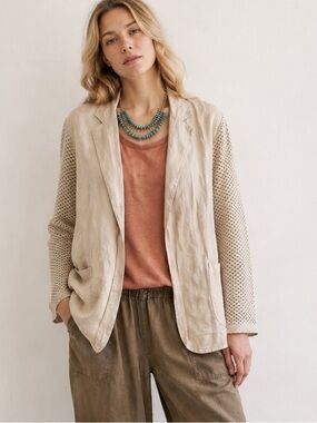 Chico’s Cream Linen Open-Front Eyelet Mesh  Blazer  Size 1 ≈ US Medium